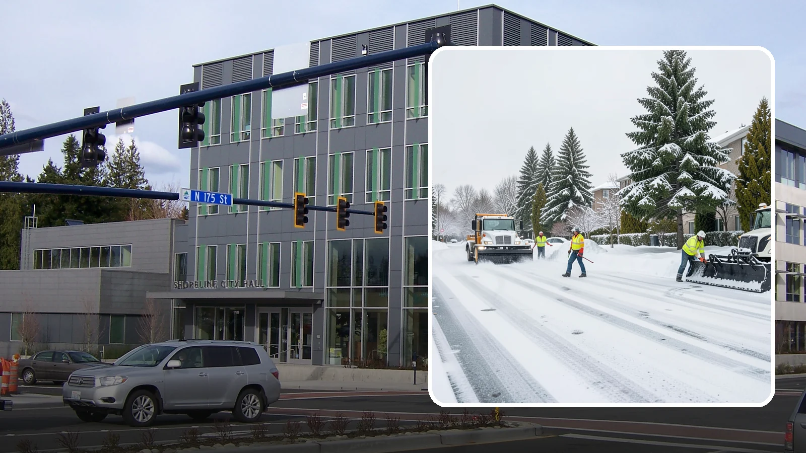 Apartment Complex Parking Lot Snow Removal in Shoreline, King County, WA - We plow sprawling apartment lots full of overnight tenant vehicles before residents leave for the Western Washington morning rush.