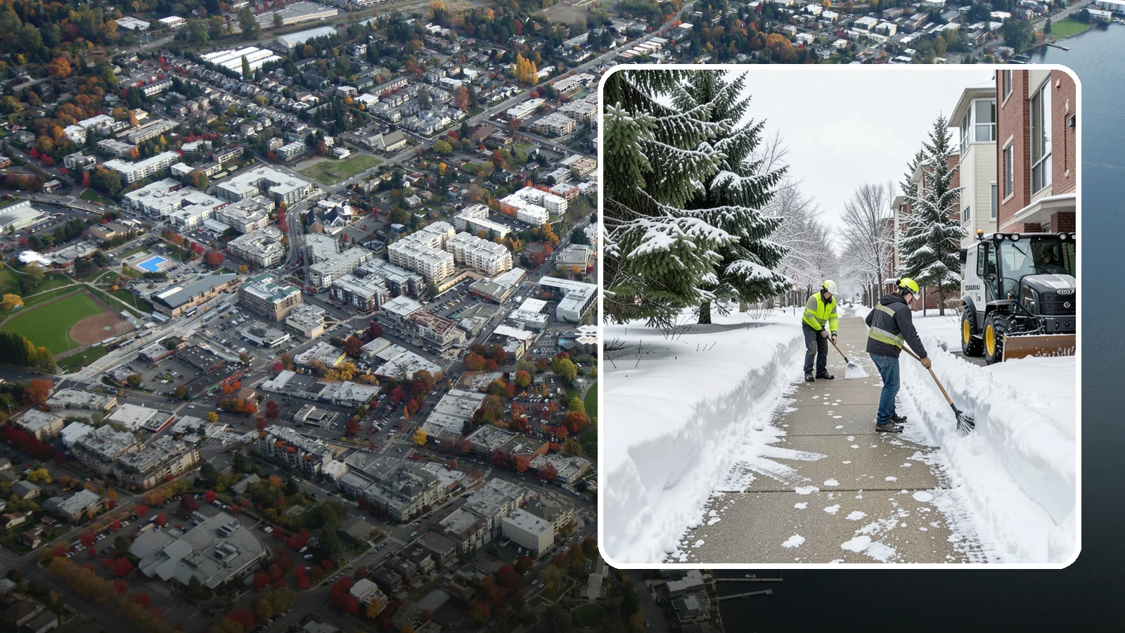Apartment Complex Sidewalk Clearing in Kirkland, King County, WA - Multi-building walkway clearing for Western Washington apartment communities, keeping the interior paths tenants use around the...