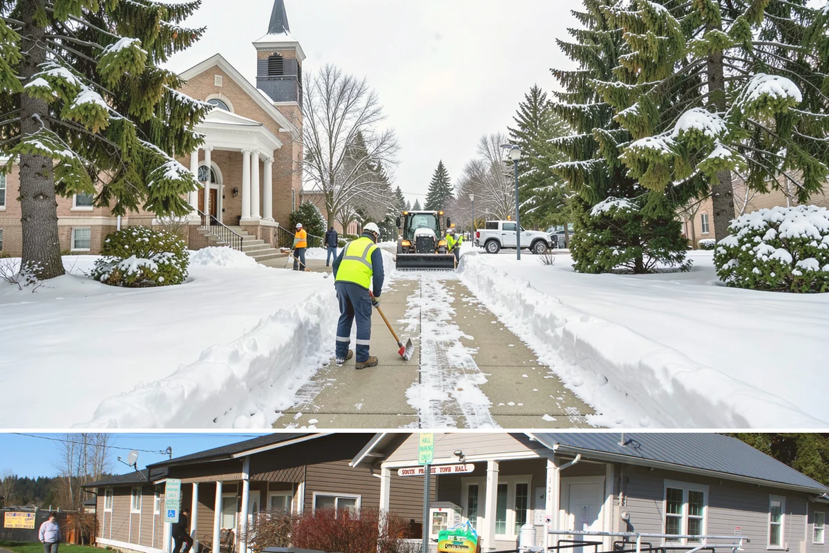 Apartment Complex Sidewalk Clearing in South Prairie, Pierce County, WA - Demand runs heaviest from December through February, when back-to-back freezing nights keep interior apartment walks glazed...