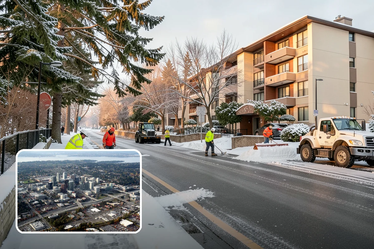 Apartment Complex Snow Plowing in Bellevue, King County, WA - Drive aisles and resident lots cleared before the morning tenant rush