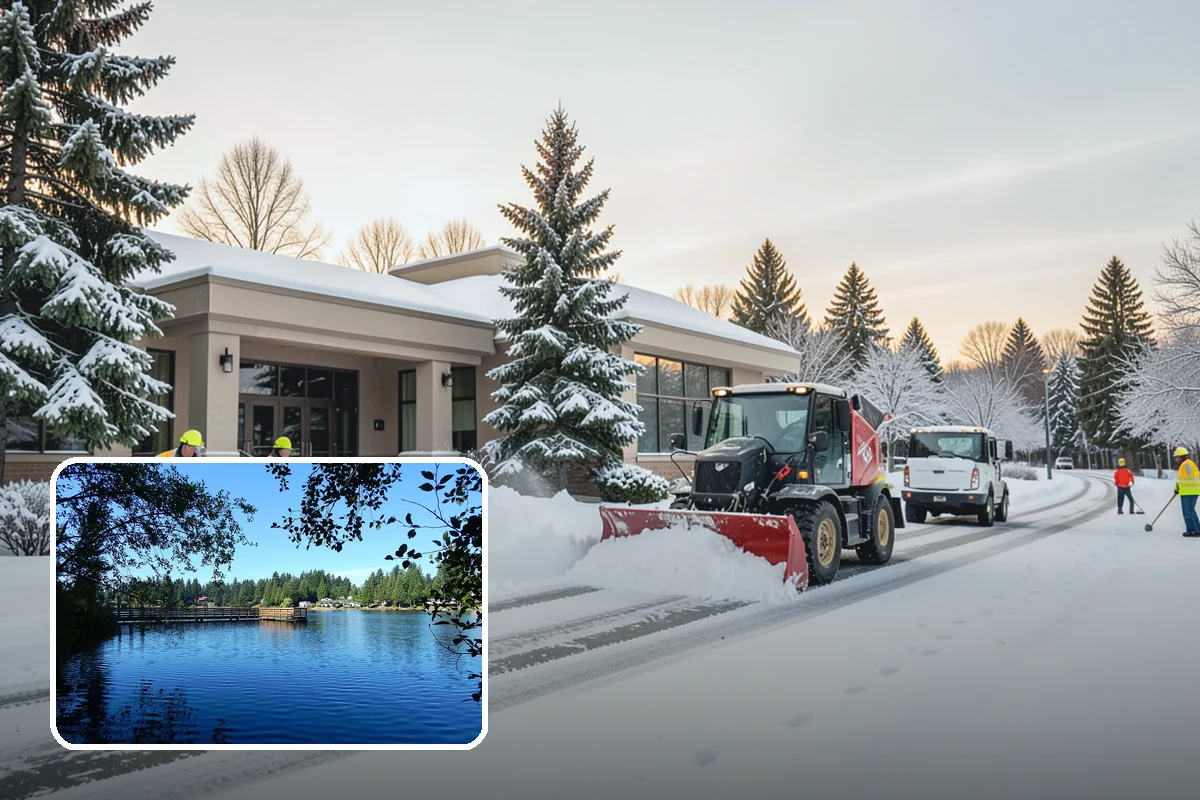 Apartment Complex Snow Plowing in Federal Way, King County, WA - Drive aisles and resident lots cleared before the morning tenant rush