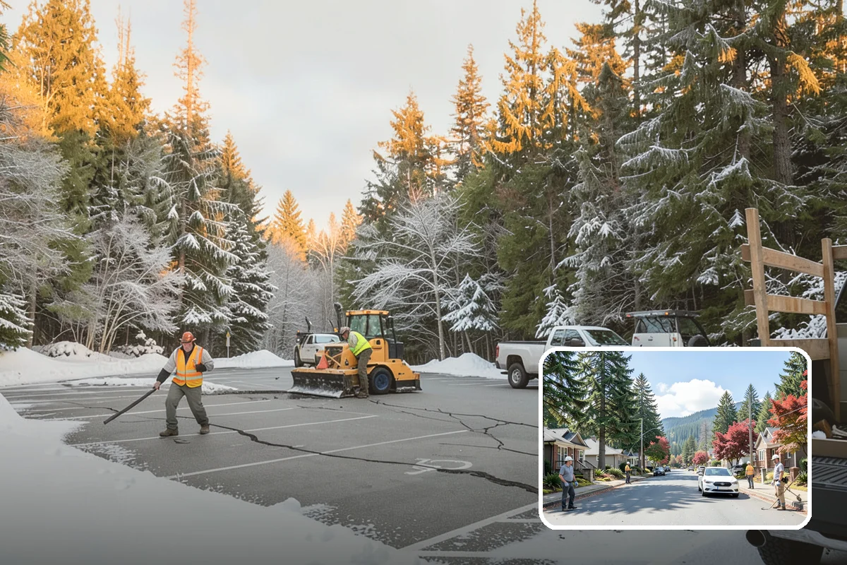 Apartment Complex Snow Plowing in Hunts Point, King County, WA - Drive aisles and resident lots cleared before the morning tenant rush