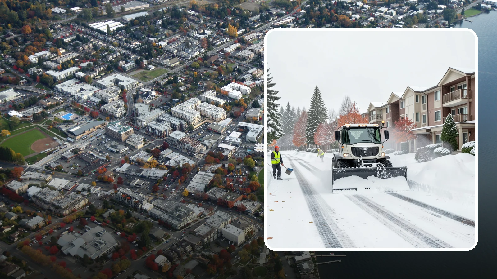 Apartment Complex Snow Plowing in Kirkland, King County, WA - We keep multi-building apartment communities open by plowing drive aisles, resident lots, and building entries before the morning...
