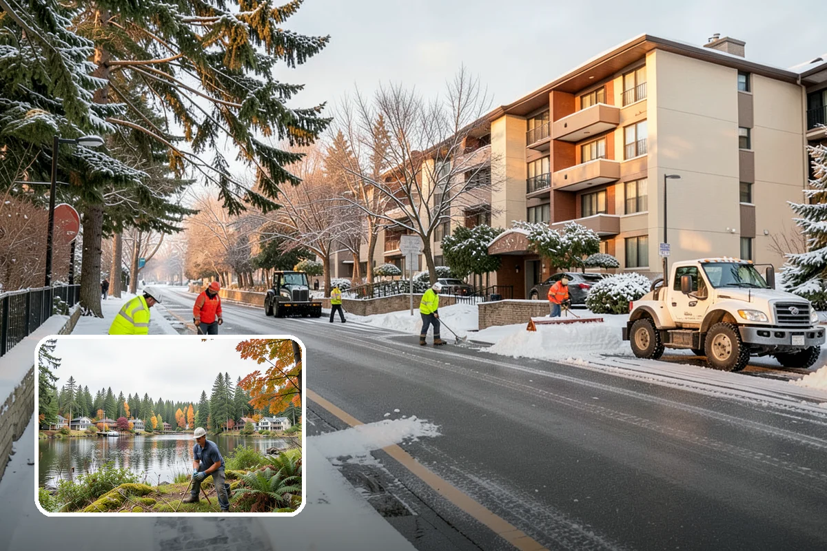 Apartment Complex Snow Plowing in La Conner, Skagit County, WA - Drive aisles and resident lots cleared before the morning tenant rush