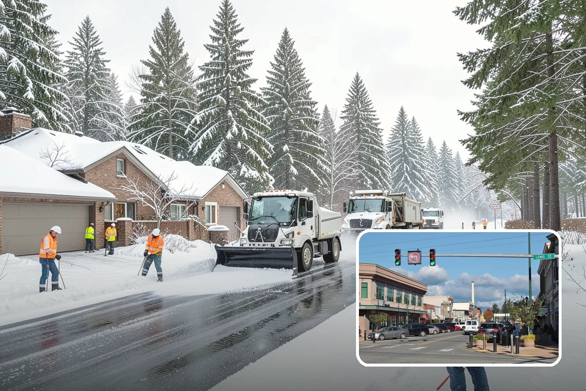 Apartment Complex Snow Plowing in Monroe, Snohomish County, WA - Drive aisles and resident lots cleared before the morning tenant rush