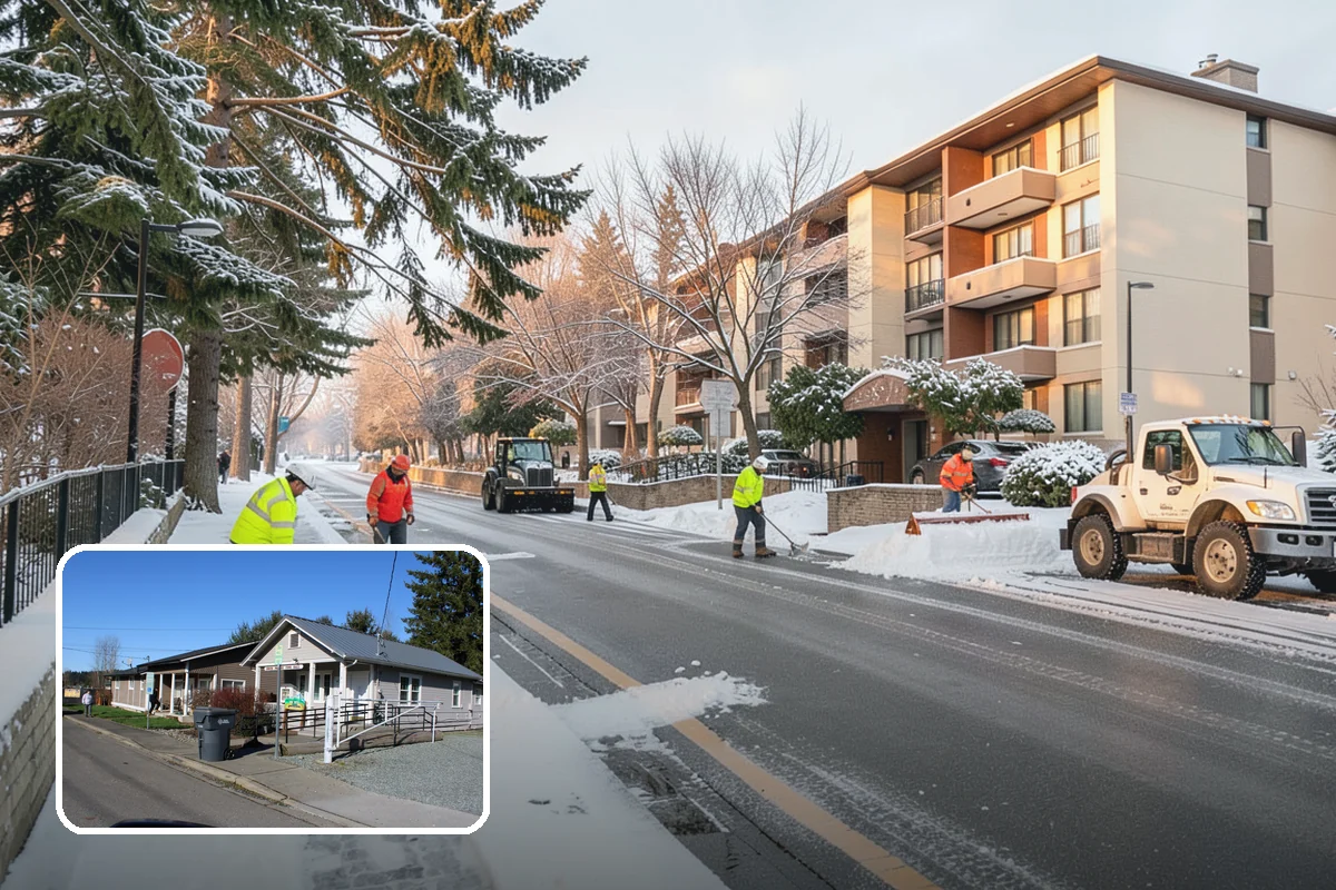 Apartment Complex Snow Plowing in South Prairie, Pierce County, WA - Drive aisles and resident lots cleared before the morning tenant rush