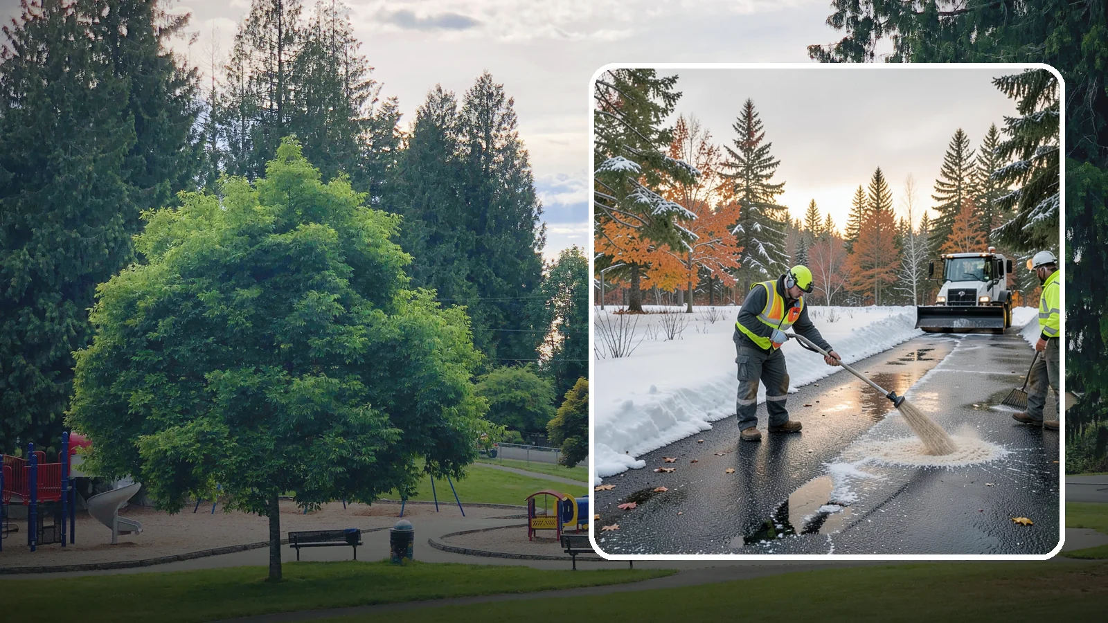 Asphalt Driveway Deicing in Bonney Lake, Pierce County, WA - Targeted deicing of asphalt driveways to break the black ice that forms during Western Washington's melt-and-refreeze nights.
