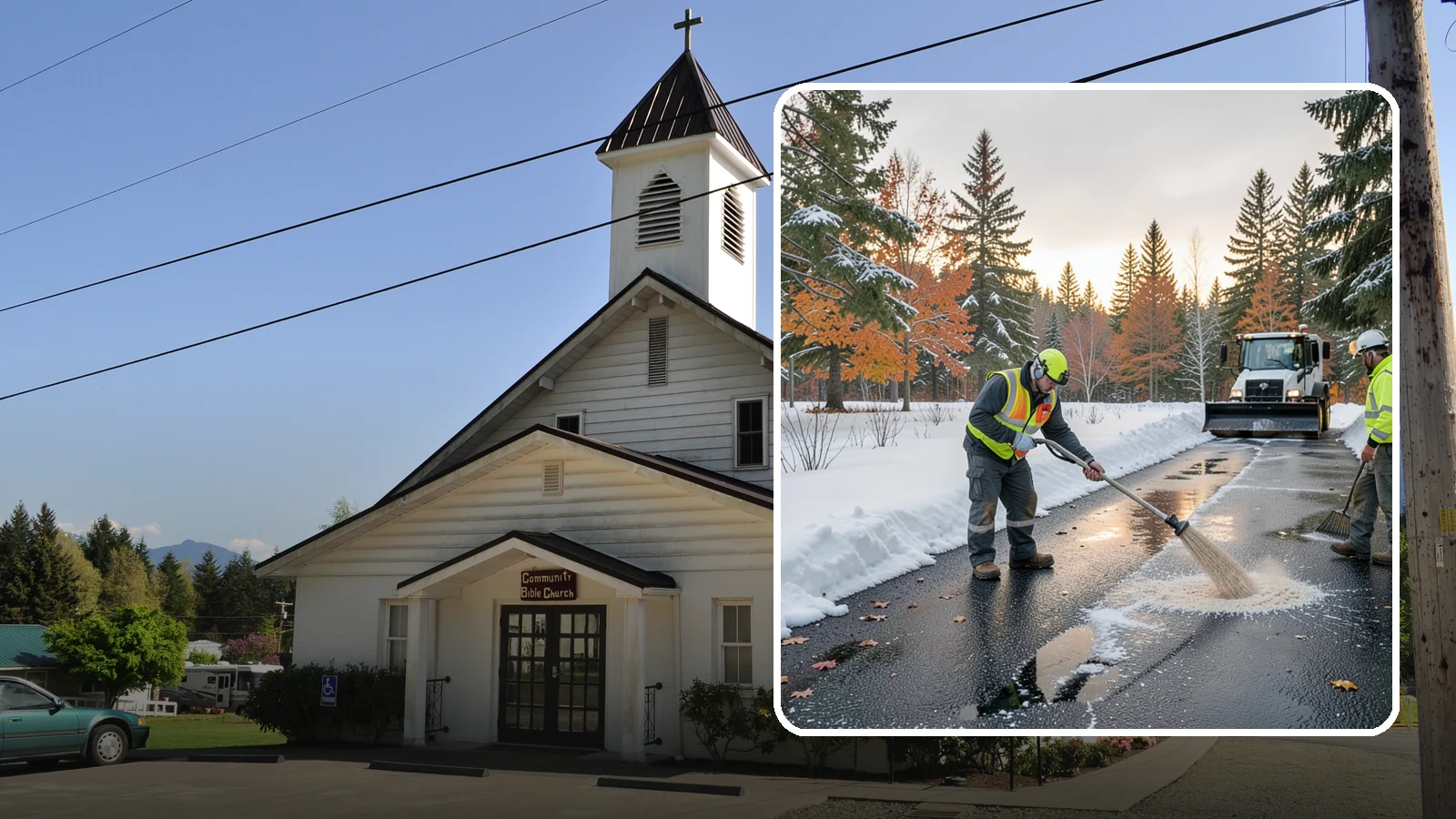 Asphalt Driveway Deicing in Concrete, Skagit County, WA - Targeted deicing of asphalt driveways to break the black ice that forms during Western Washington's melt-and-refreeze nights.