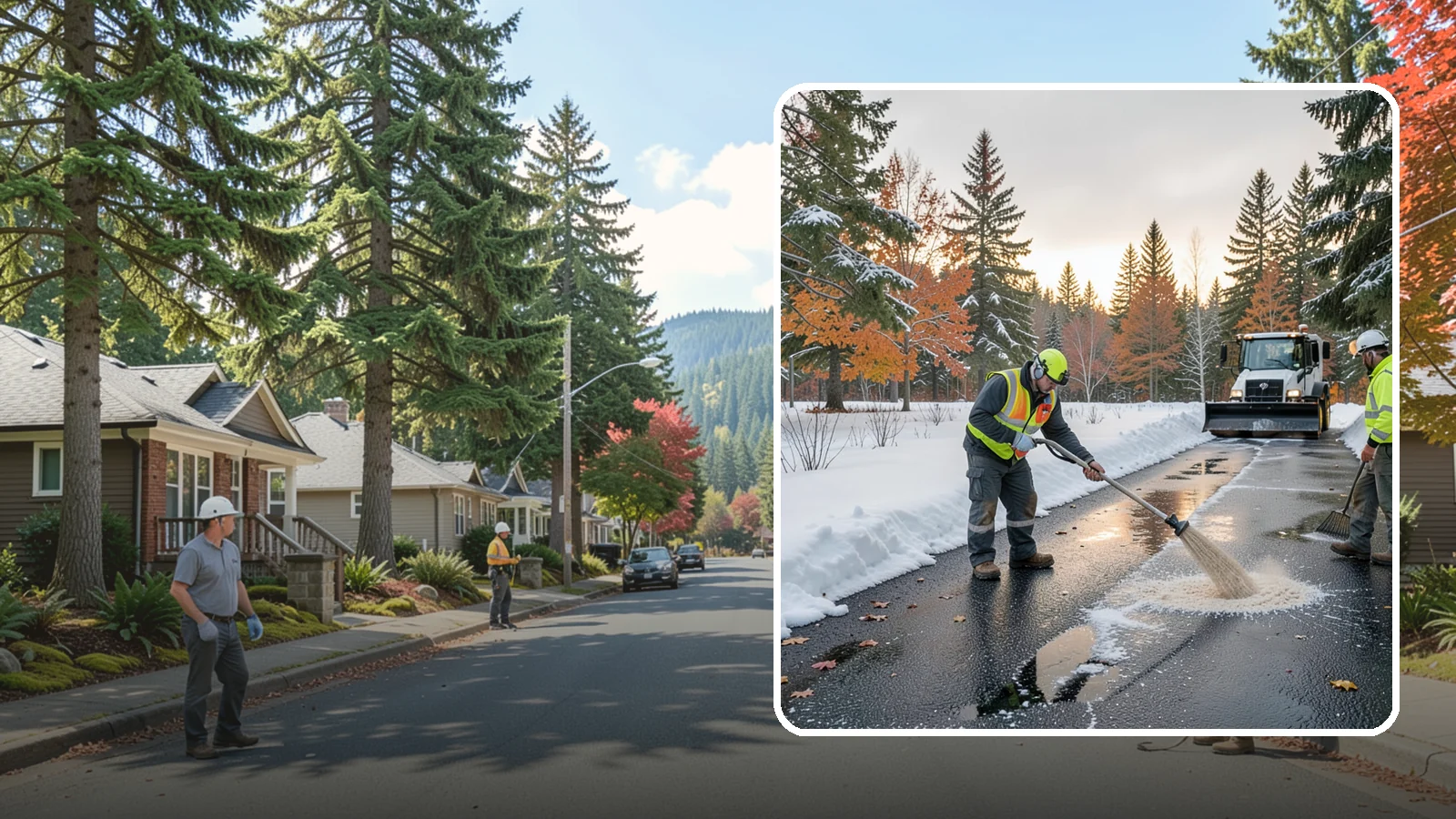 Asphalt Driveway Deicing in Hunts Point, King County, WA - Targeted deicing of asphalt driveways to break the black ice that forms during Western Washington's melt-and-refreeze nights.