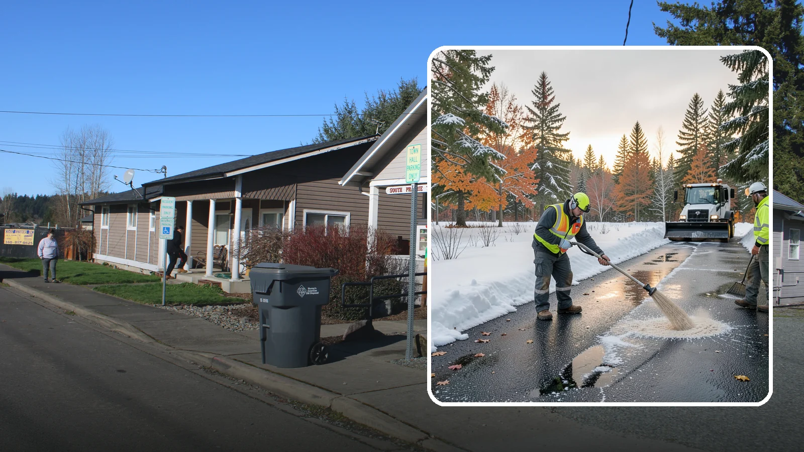 Asphalt Driveway Deicing in South Prairie, Pierce County, WA - Targeted deicing of asphalt driveways to break the black ice that forms during Western Washington's melt-and-refreeze nights.