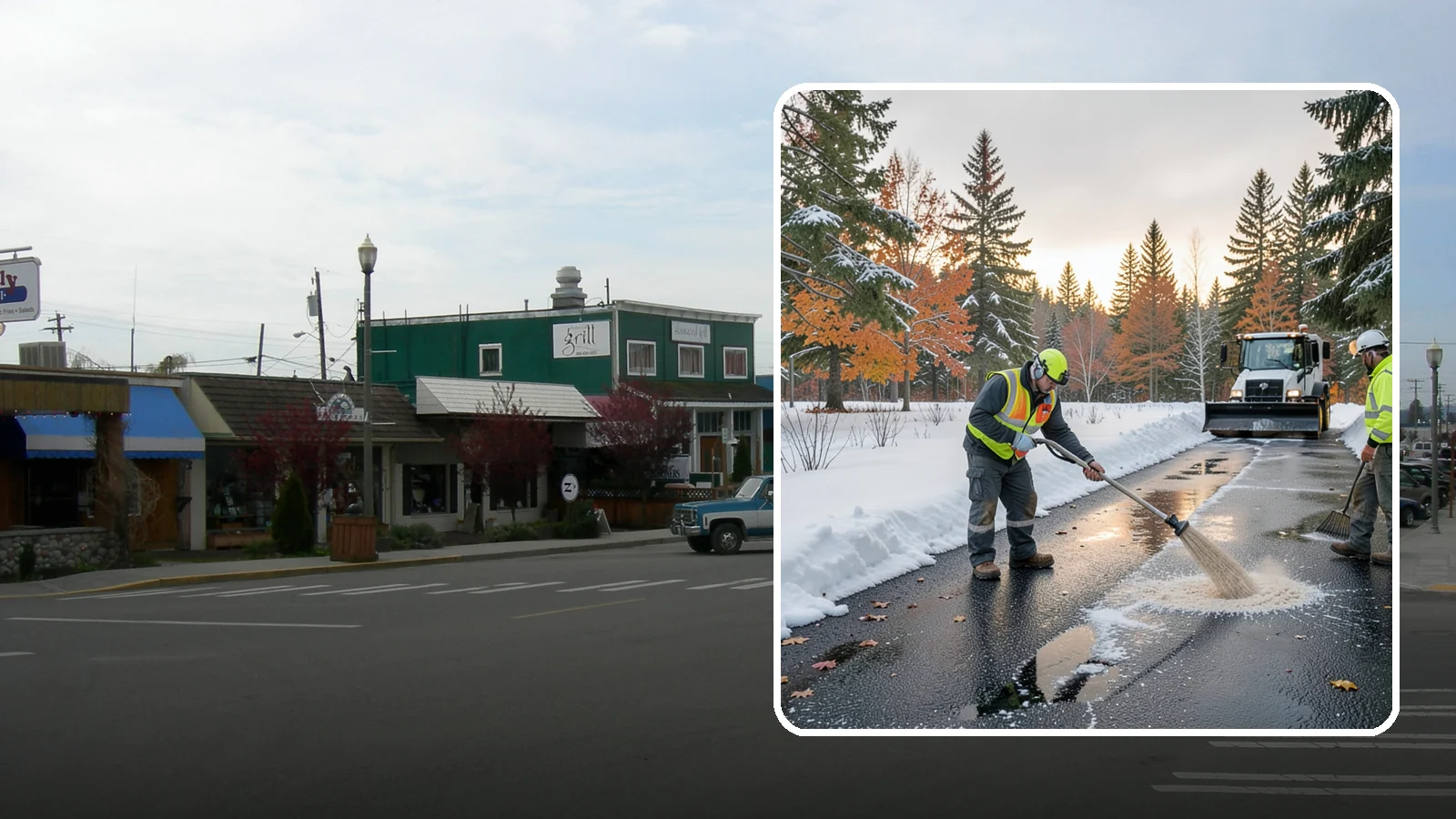 Asphalt Driveway Deicing in Stanwood, Snohomish County, WA - Targeted deicing of asphalt driveways to break the black ice that forms during Western Washington's melt-and-refreeze nights.