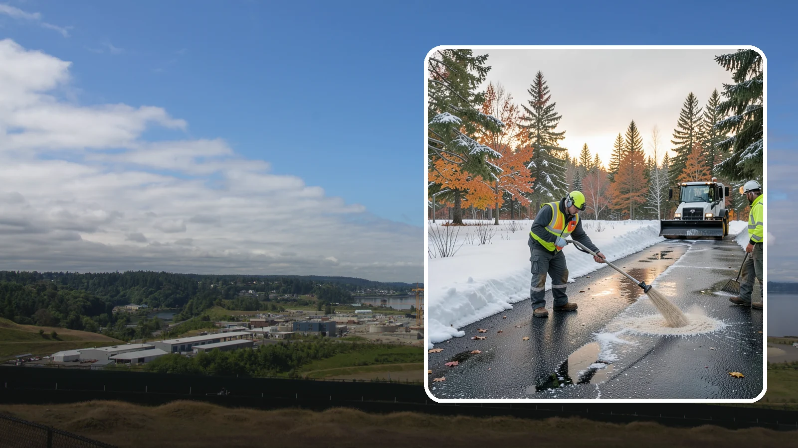 Asphalt Driveway Deicing in University Place, Pierce County, WA - Targeted deicing of asphalt driveways to break the black ice that forms during Western Washington's melt-and-refreeze nights.