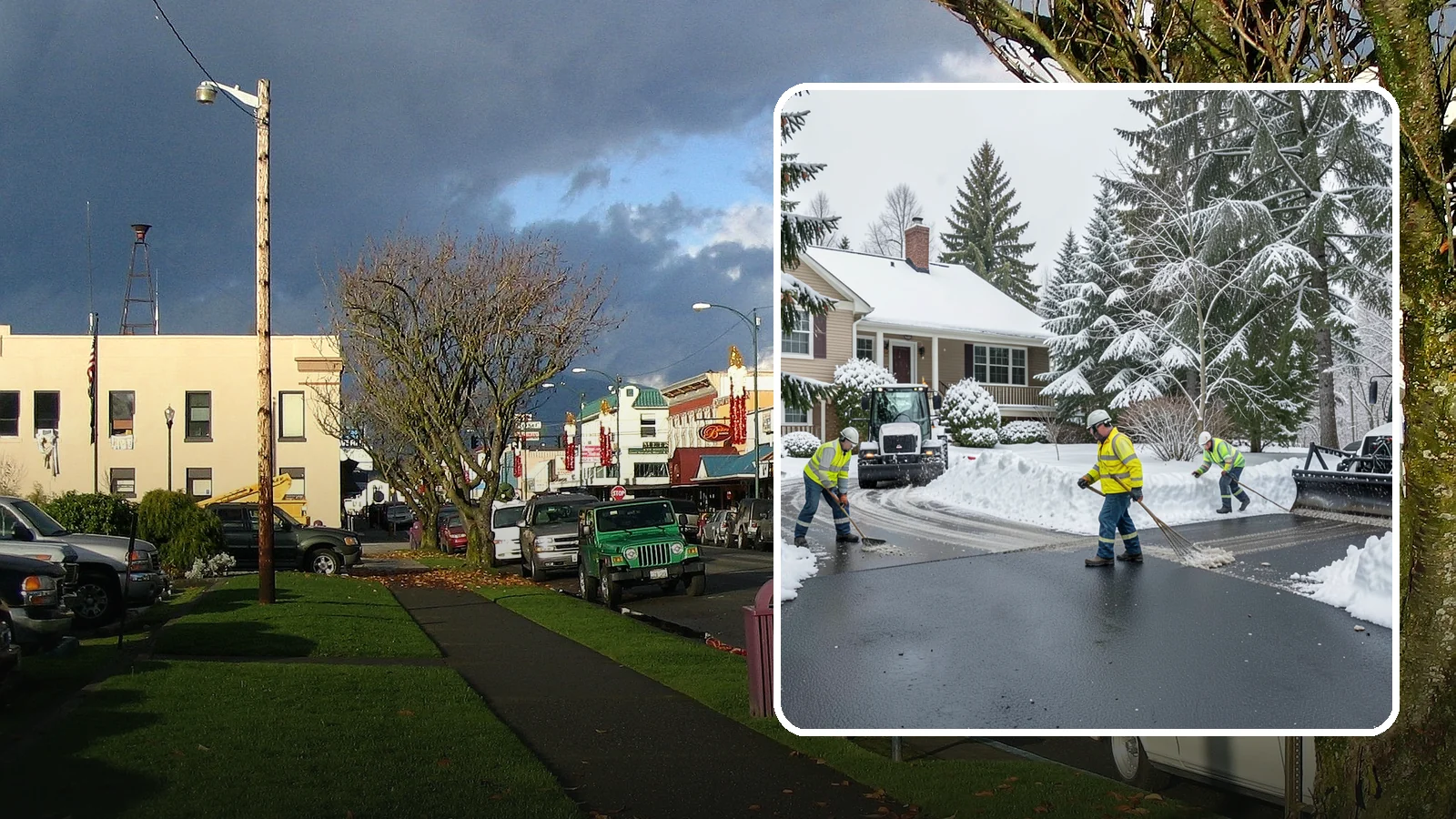 Asphalt Driveway Snow Removal in Arlington, Snohomish County, WA - We clear asphalt driveways down to the surface and treat them to keep the dark pavement ice-free.