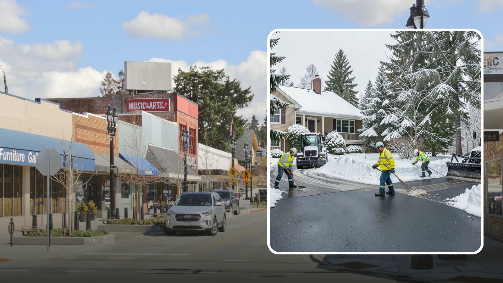 Asphalt Driveway Snow Removal in Bothell, King County, WA - We clear asphalt driveways down to the surface and treat them to keep the dark pavement ice-free.