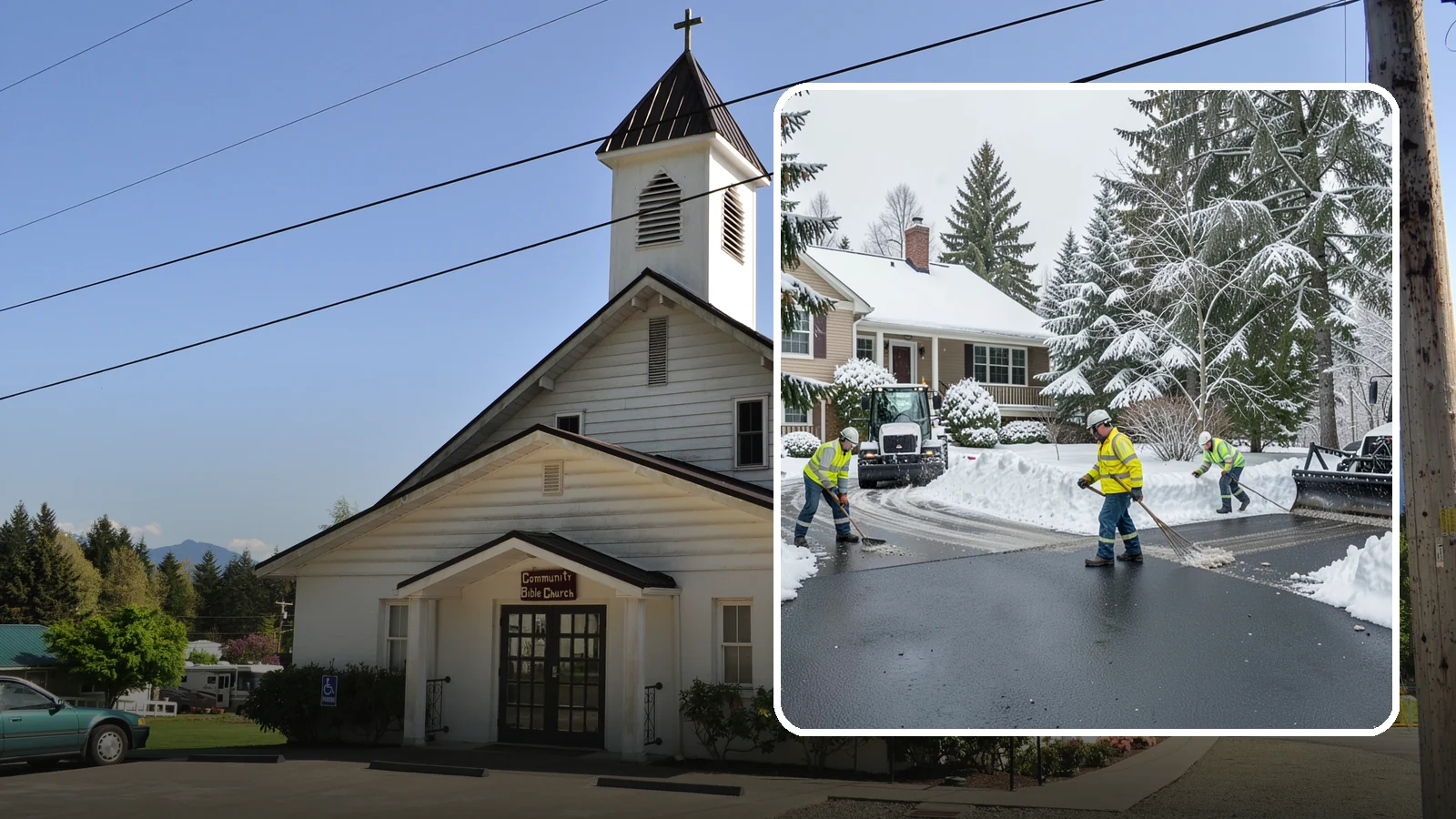 Asphalt Driveway Snow Removal in Concrete, Skagit County, WA - We clear asphalt driveways down to the surface and treat them to keep the dark pavement ice-free.