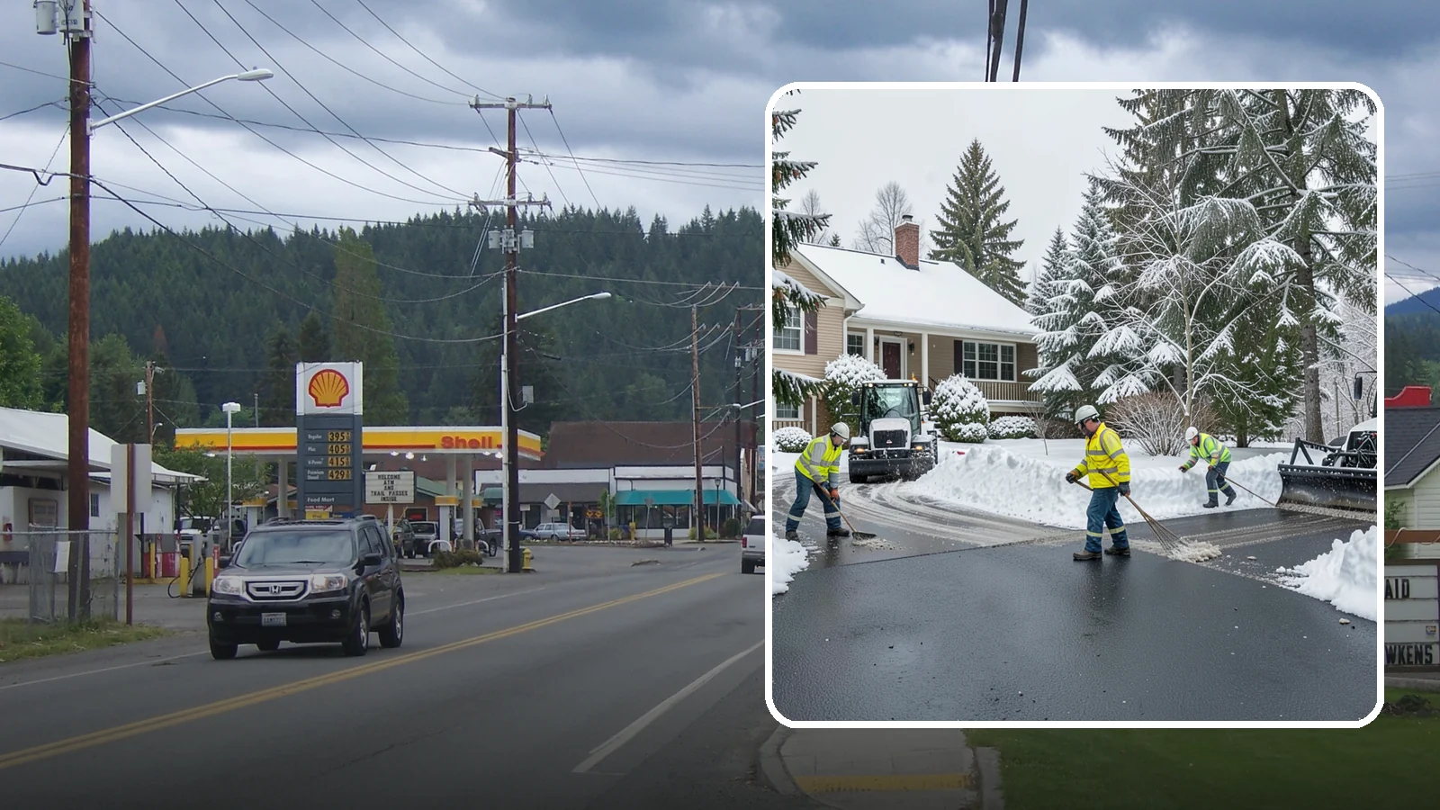 Asphalt Driveway Snow Removal in Granite Falls, Snohomish County, WA - We clear asphalt driveways down to the surface and treat them to keep the dark pavement ice-free.