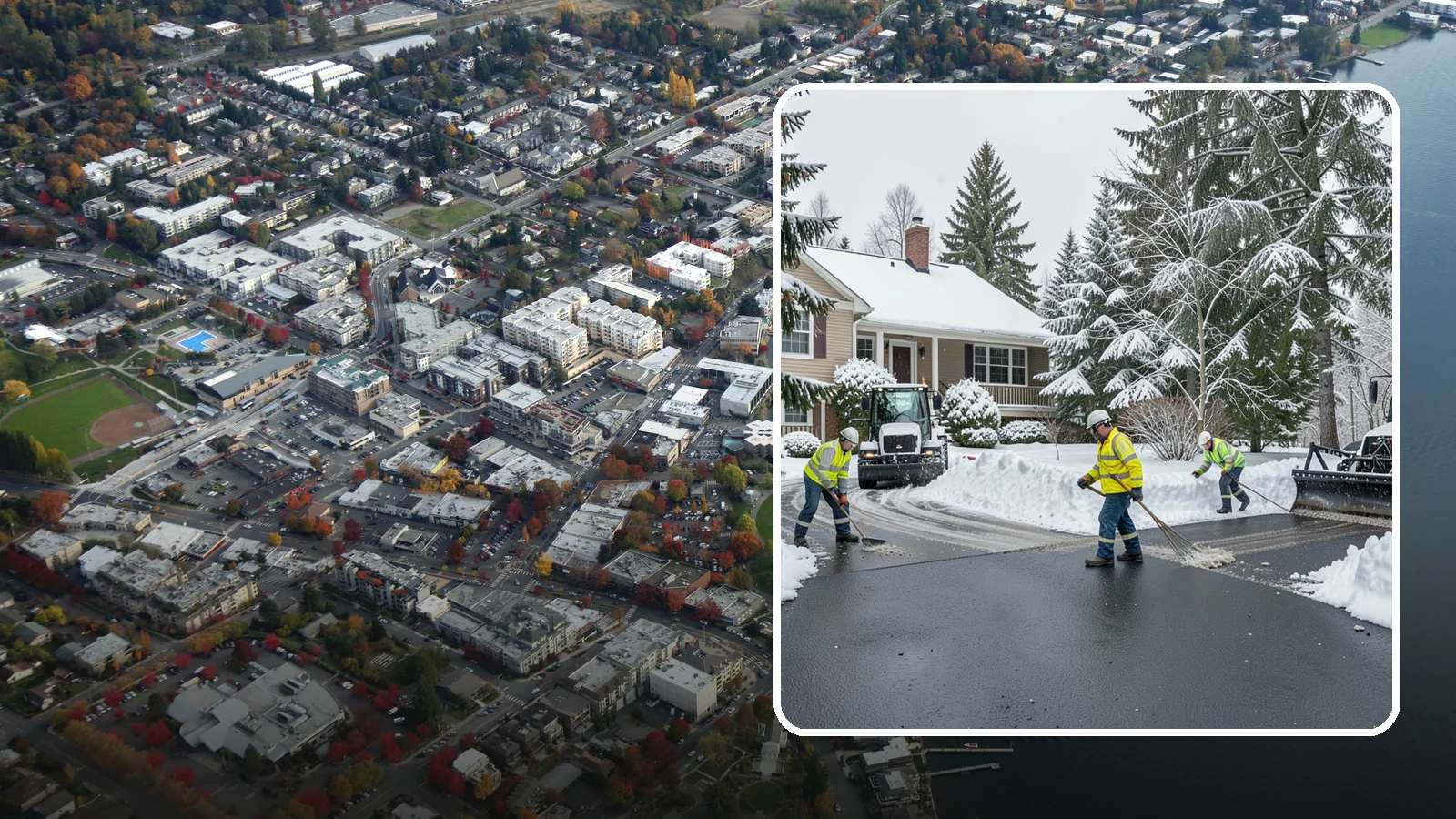 Asphalt Driveway Snow Removal in Kirkland, King County, WA - We clear asphalt driveways down to the surface and treat them to keep the dark pavement ice-free.