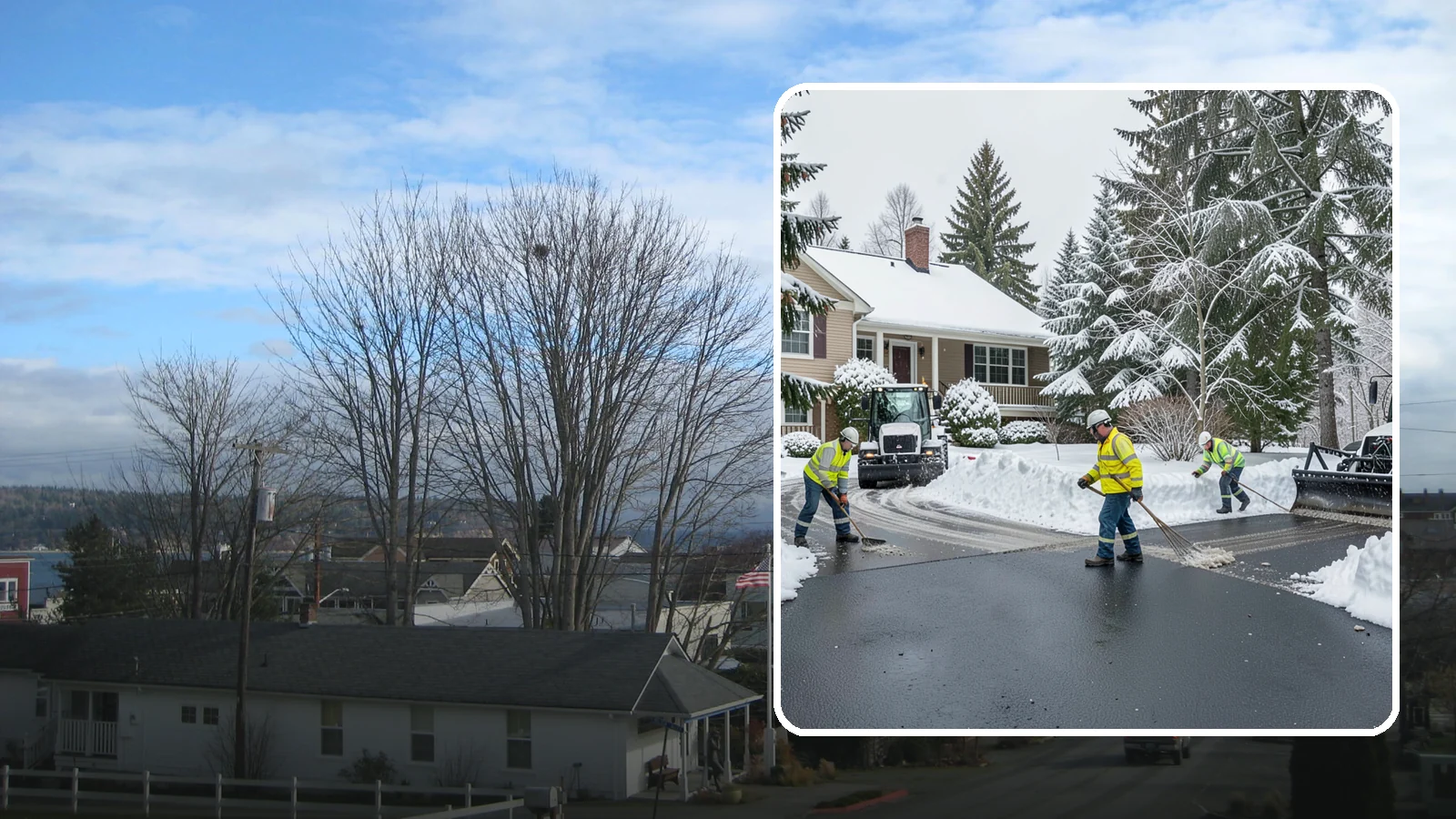 Asphalt Driveway Snow Removal in Langley, Island County, WA - We clear asphalt driveways down to the surface and treat them to keep the dark pavement ice-free.