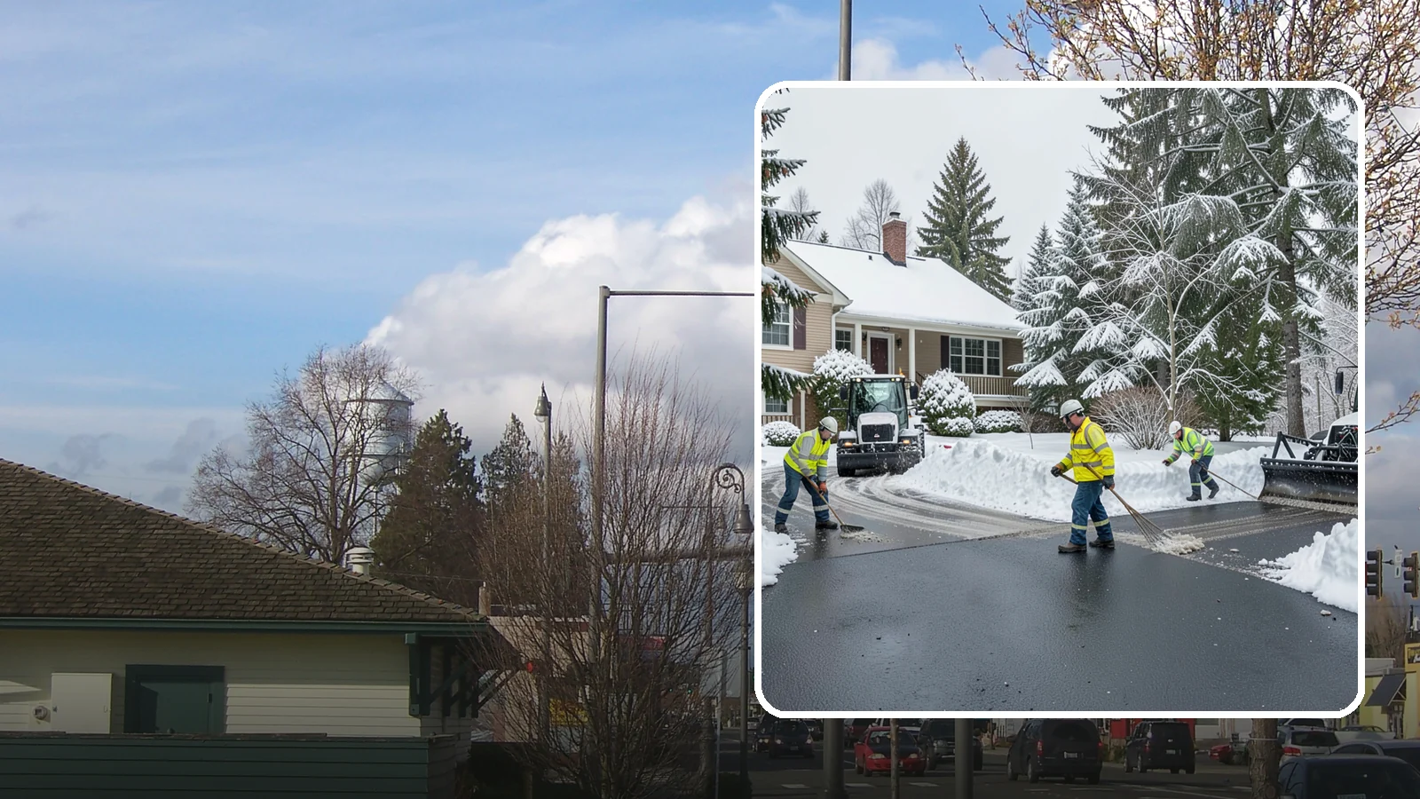 Asphalt Driveway Snow Removal in Marysville, Snohomish County, WA - We clear asphalt driveways down to the surface and treat them to keep the dark pavement ice-free.