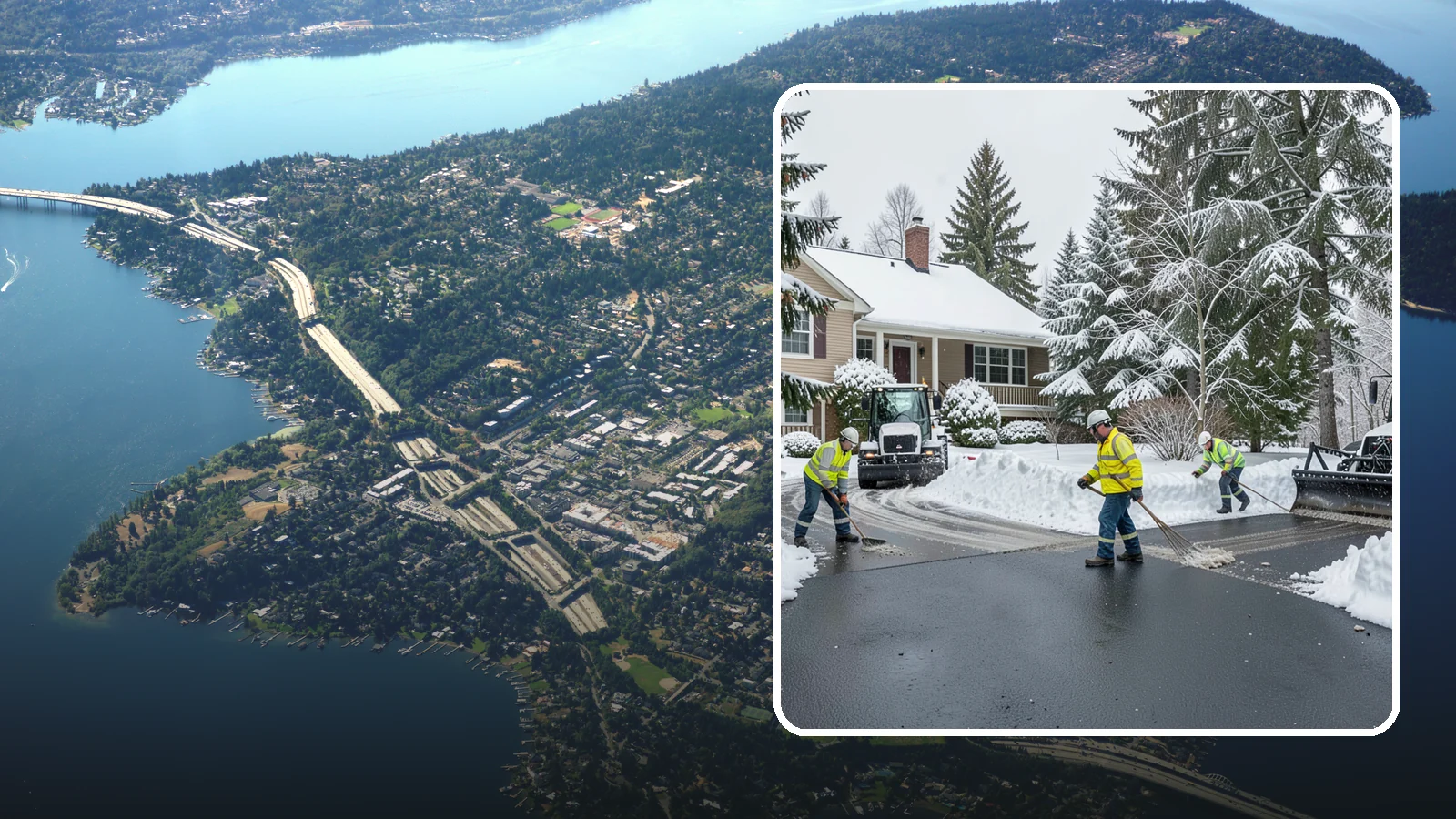 Asphalt Driveway Snow Removal in Mercer Island, King County, WA - We clear asphalt driveways down to the surface and treat them to keep the dark pavement ice-free.