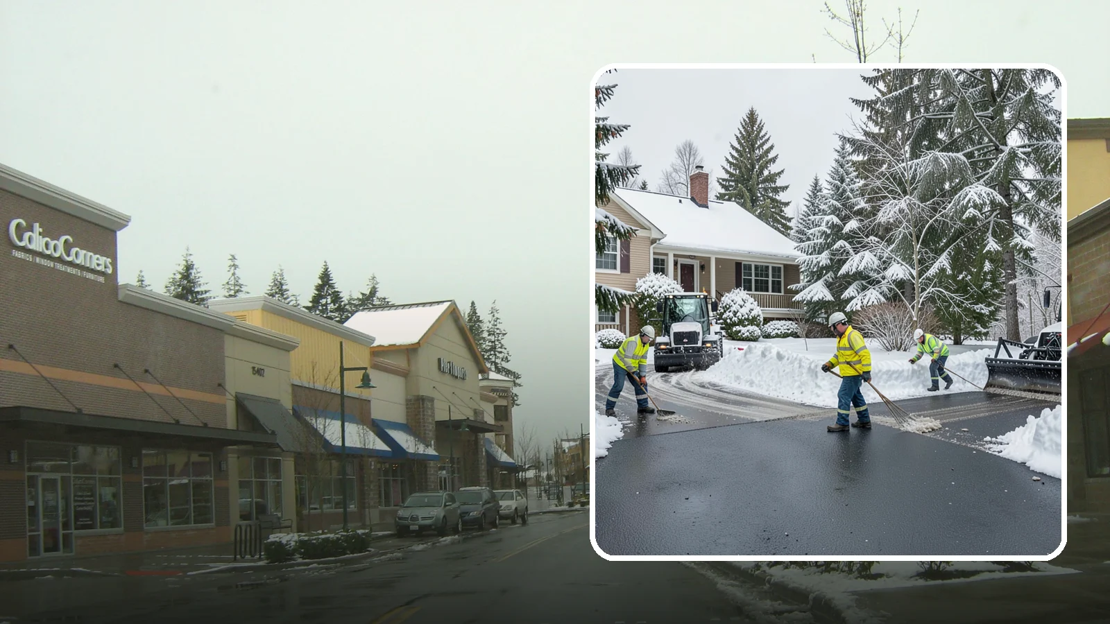 Asphalt Driveway Snow Removal in Mill Creek, Snohomish County, WA - We clear asphalt driveways down to the surface and treat them to keep the dark pavement ice-free.