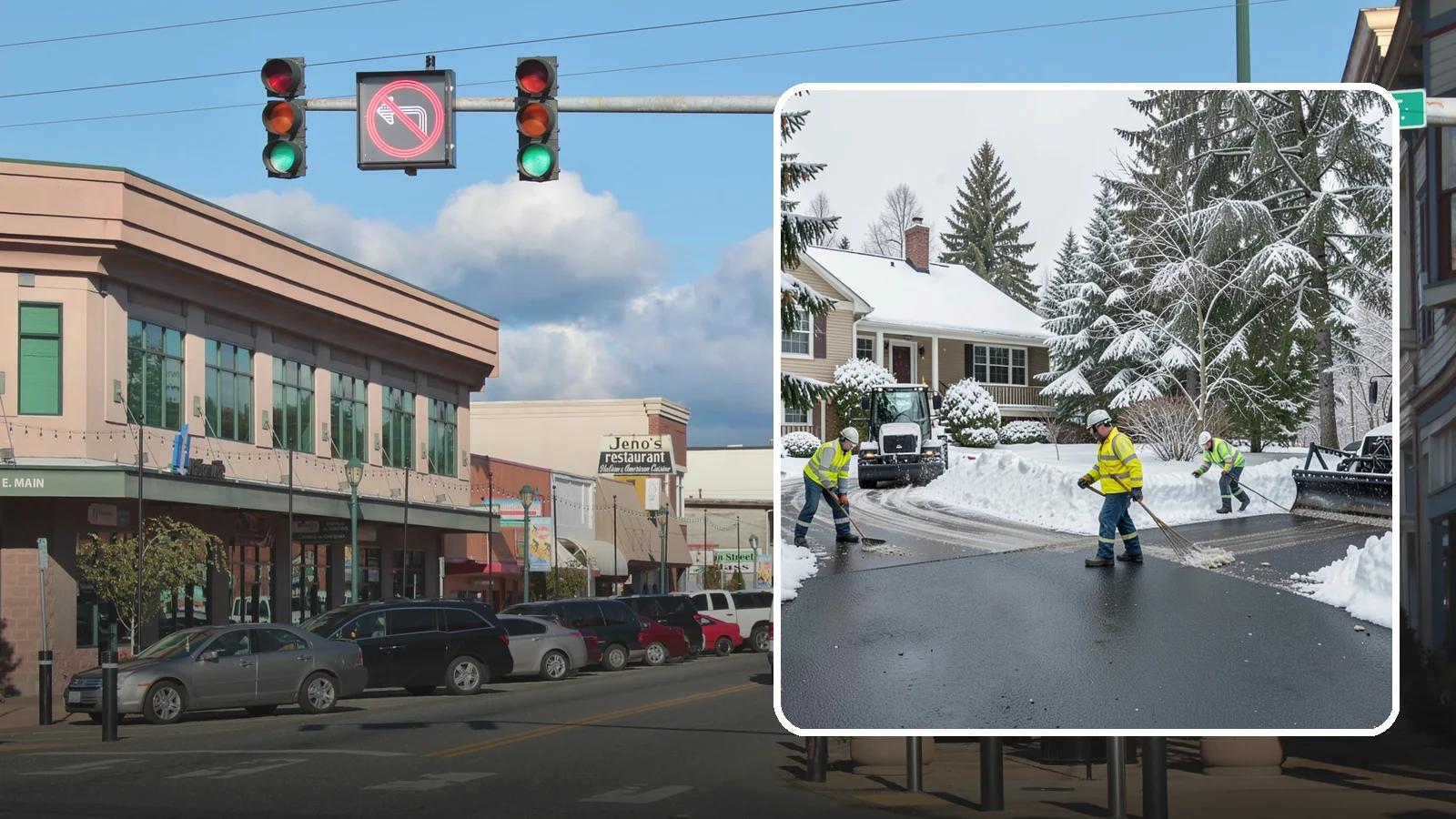 Asphalt Driveway Snow Removal in Monroe, Snohomish County, WA - We clear asphalt driveways down to the surface and treat them to keep the dark pavement ice-free.