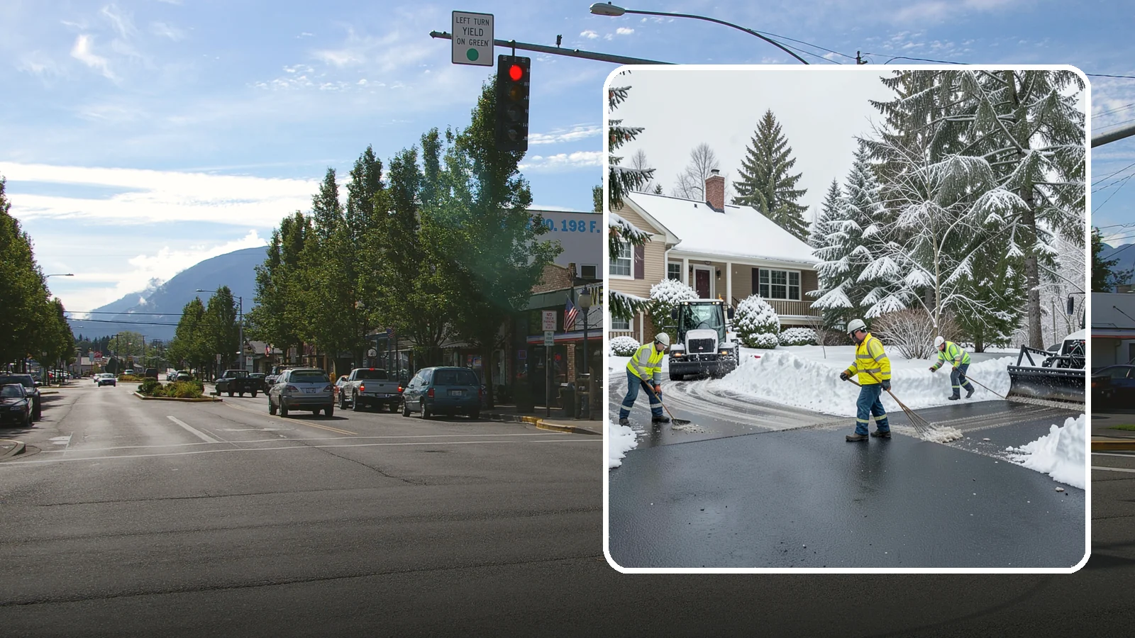 Asphalt Driveway Snow Removal in North Bend, King County, WA - We clear asphalt driveways down to the surface and treat them to keep the dark pavement ice-free.