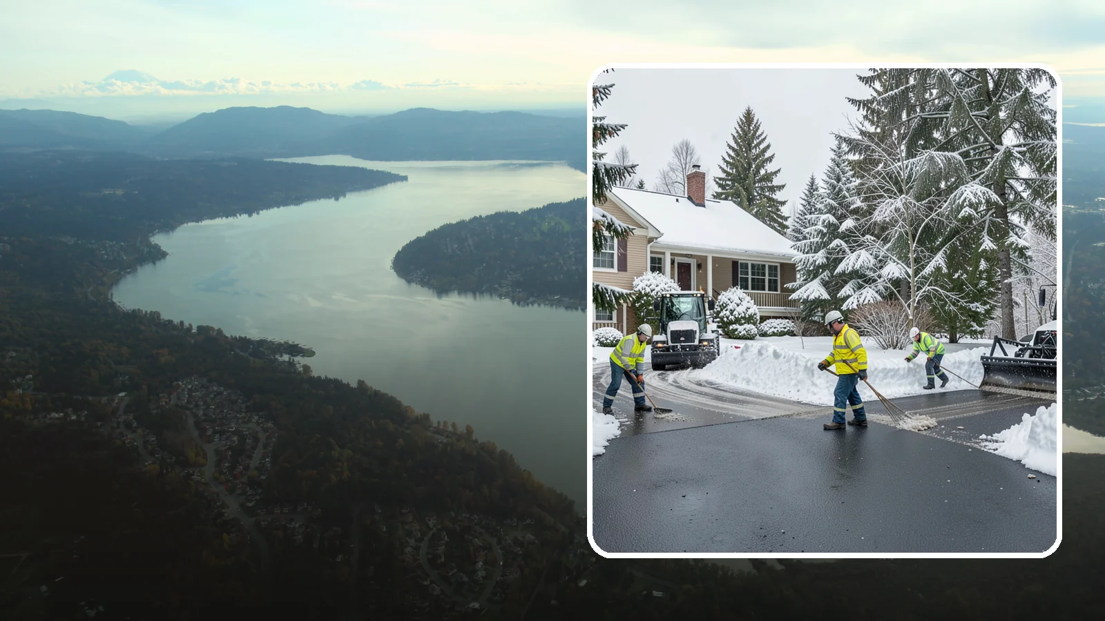 Asphalt Driveway Snow Removal in Sammamish, King County, WA - We clear asphalt driveways down to the surface and treat them to keep the dark pavement ice-free.