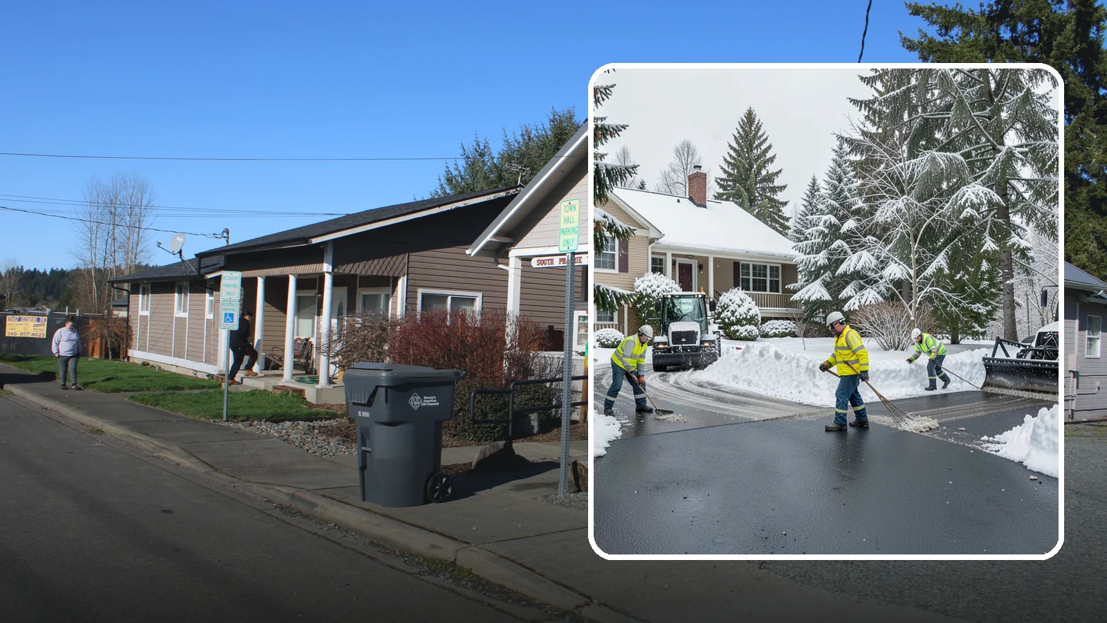 Asphalt Driveway Snow Removal in South Prairie, Pierce County, WA - We clear asphalt driveways down to the surface and treat them to keep the dark pavement ice-free.