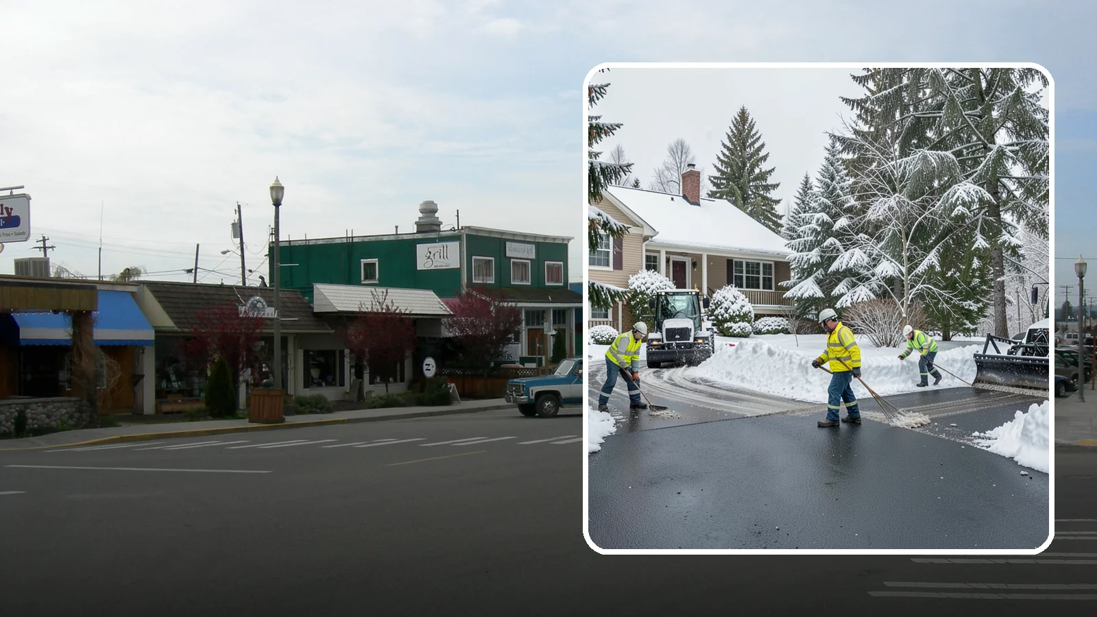 Asphalt Driveway Snow Removal in Stanwood, Snohomish County, WA - We clear asphalt driveways down to the surface and treat them to keep the dark pavement ice-free.