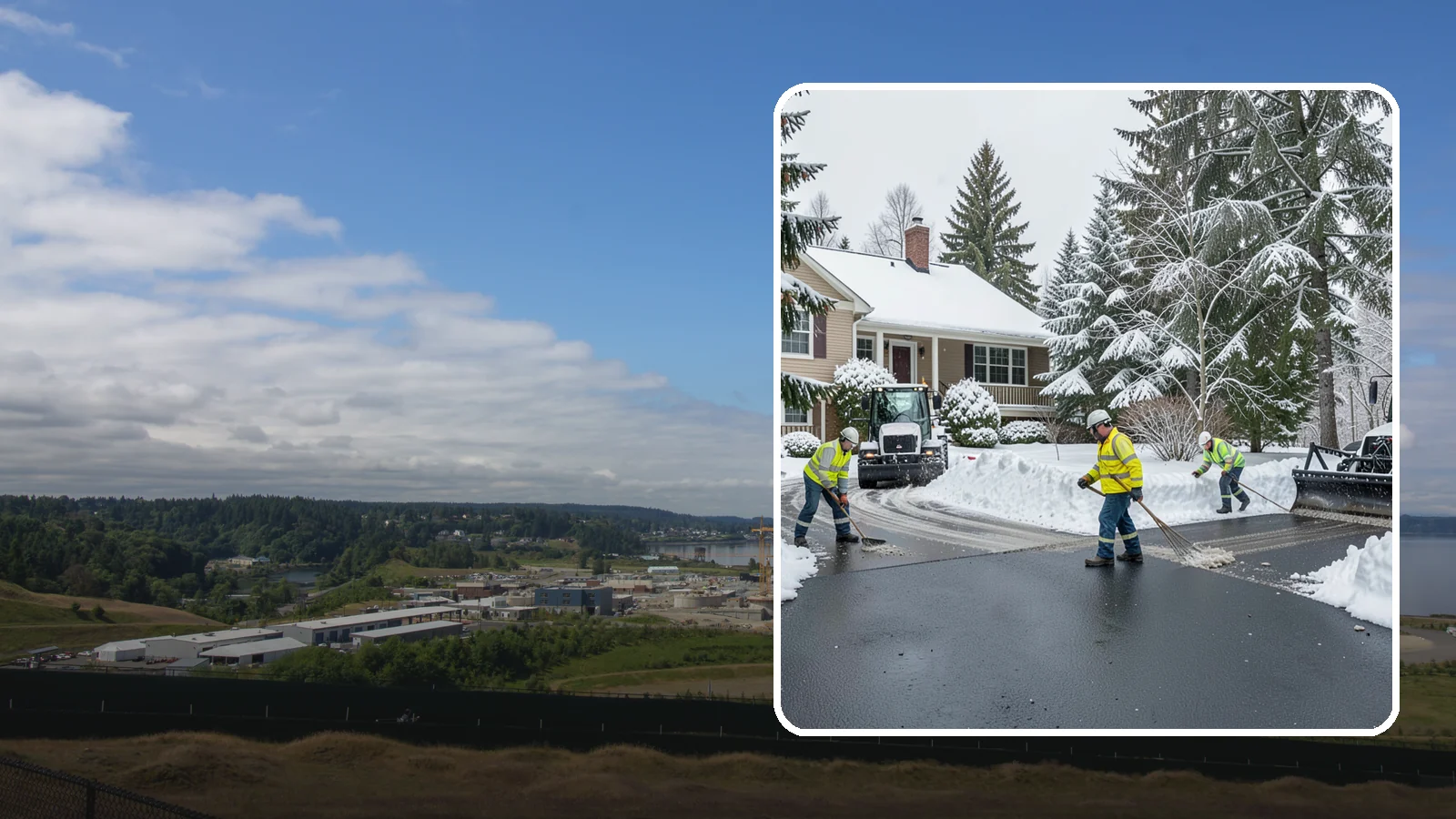 Asphalt Driveway Snow Removal in University Place, Pierce County, WA - We clear asphalt driveways down to the surface and treat them to keep the dark pavement ice-free.