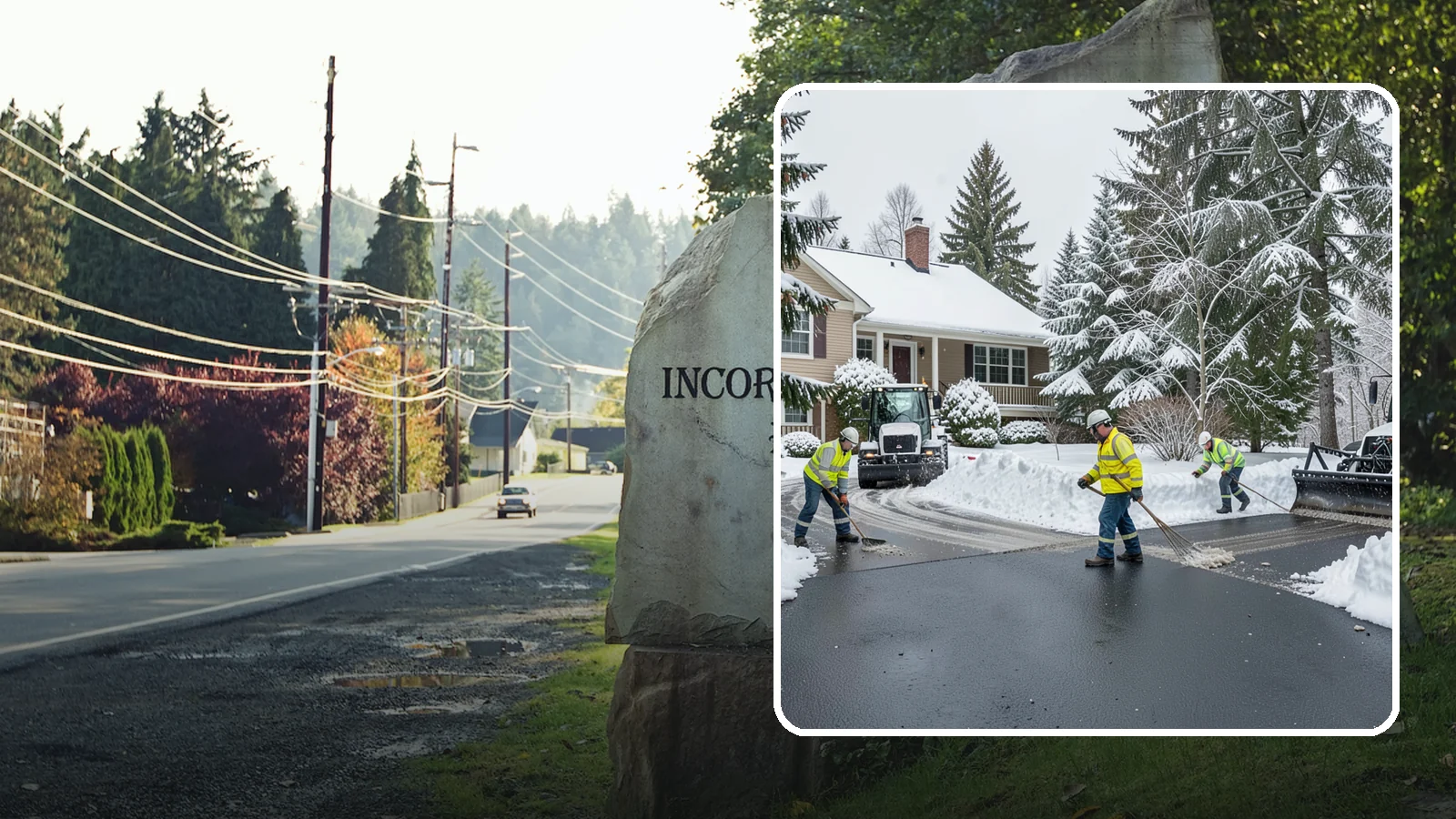 Asphalt Driveway Snow Removal in Wilkeson, Pierce County, WA - We clear asphalt driveways down to the surface and treat them to keep the dark pavement ice-free.