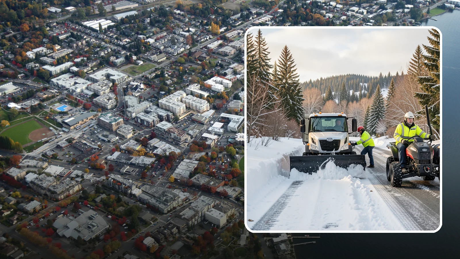 ATV Snow Plowing in Kirkland, King County, WA - Our plow-equipped ATVs clear tight residential drives and pathways that full-size trucks cannot reach.