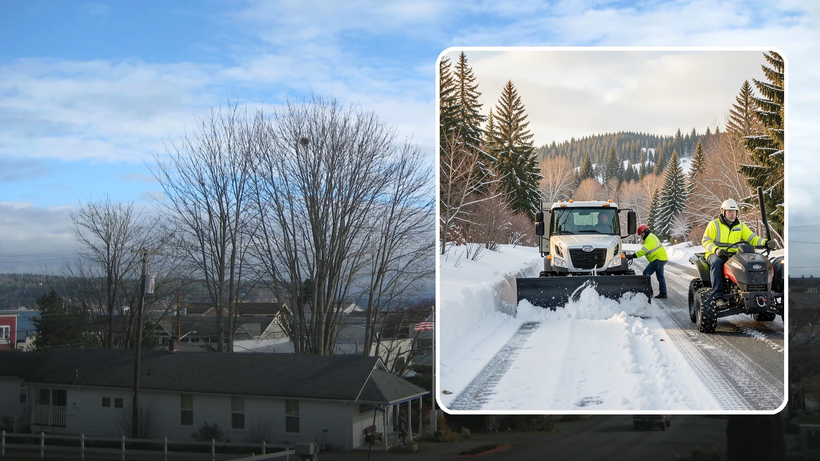 ATV Snow Plowing in Langley, Island County, WA - Our plow-equipped ATVs clear tight residential drives and pathways that full-size trucks cannot reach.