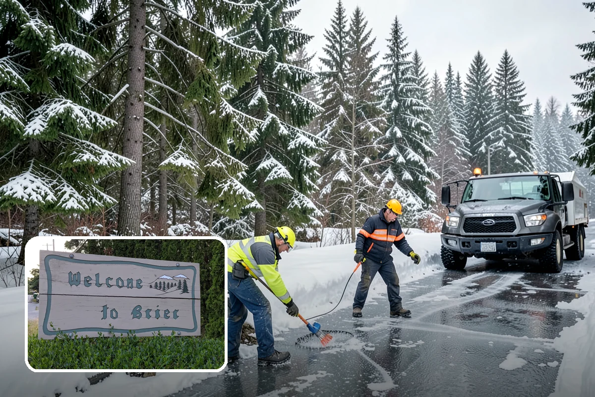 Auto Repair Shop Snow Removal in Brier, Snohomish County, WA - Bay aprons and drive lanes cleared for vehicle access