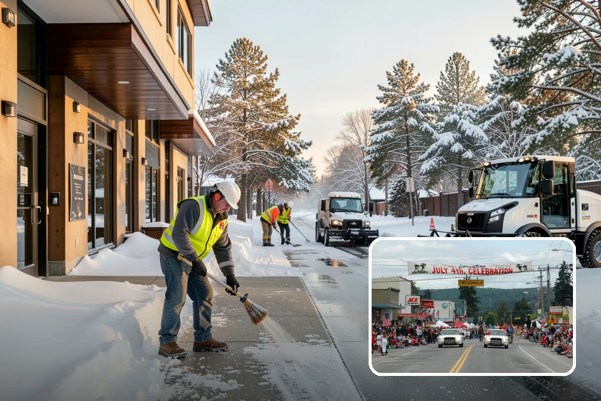 Auto Repair Shop Snow Removal in Carnation, King County, WA - Bay aprons and drive lanes cleared for vehicle access