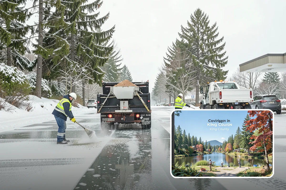 Auto Repair Shop Snow Removal in Covington, King County, WA - Bay aprons and drive lanes cleared for vehicle access