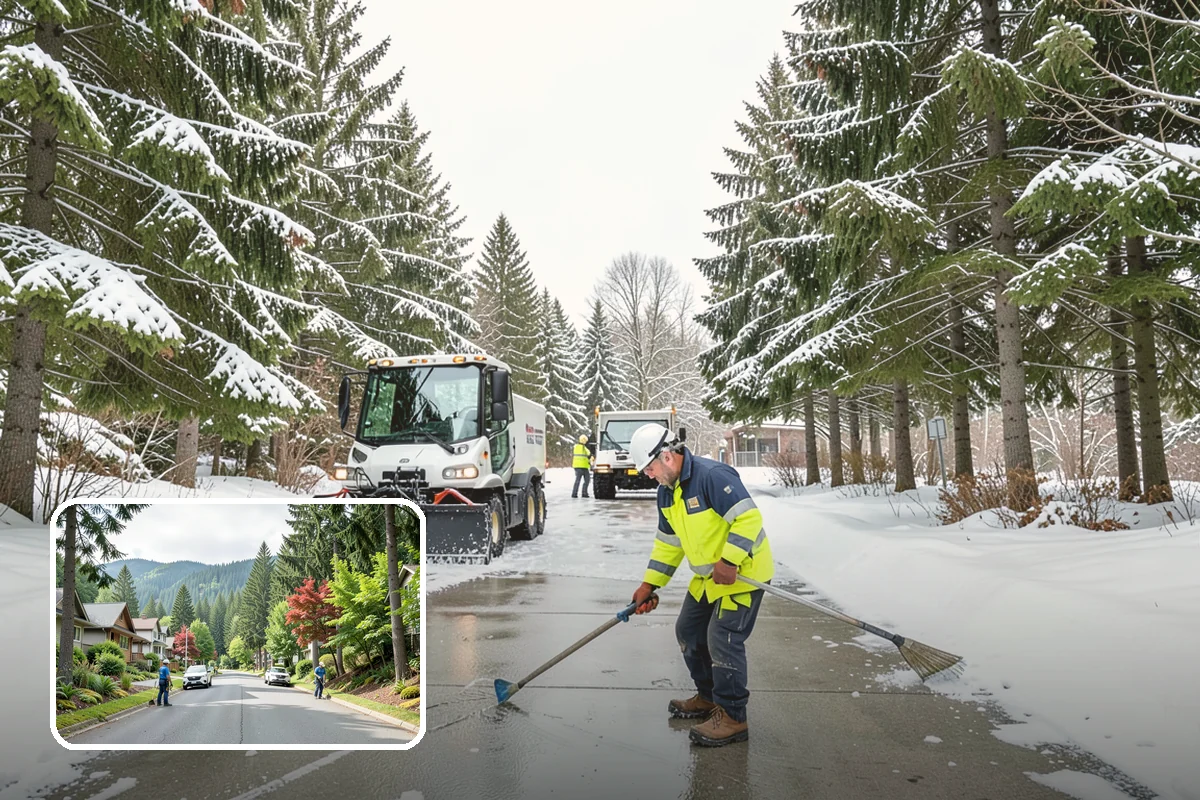 Auto Repair Shop Snow Removal in Darrington, Snohomish County, WA - Bay aprons and drive lanes cleared for vehicle access
