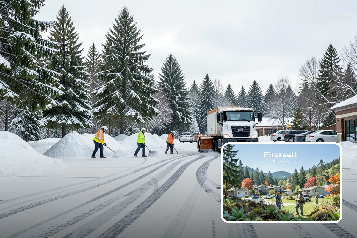 Auto Repair Shop Snow Removal in Fircrest, Pierce County, WA - Bay aprons and drive lanes cleared for vehicle access