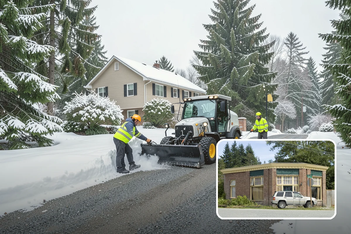Auto Repair Shop Snow Removal in Hamilton, Skagit County, WA - Bay aprons and drive lanes cleared for vehicle access