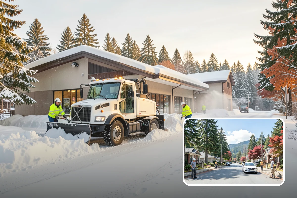 Auto Repair Shop Snow Removal in Hunts Point, King County, WA - Bay aprons and drive lanes cleared for vehicle access