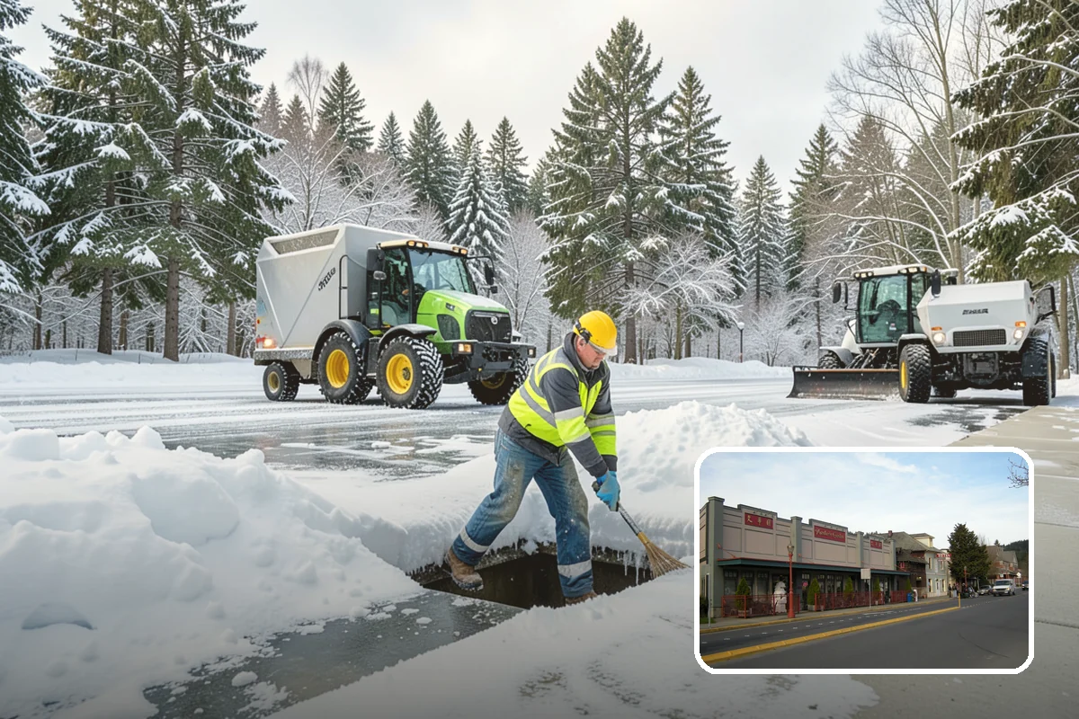 Auto Repair Shop Snow Removal in Issaquah, King County, WA - Bay aprons and drive lanes cleared for vehicle access