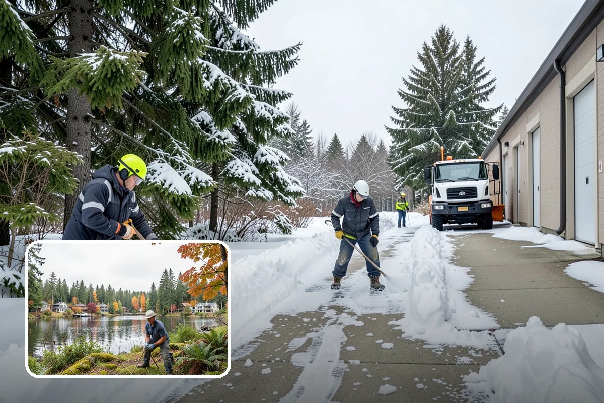 Auto Repair Shop Snow Removal in La Conner, Skagit County, WA - Bay aprons and drive lanes cleared for vehicle access