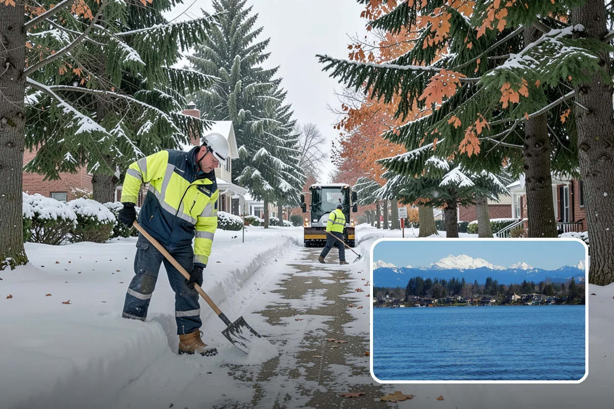Auto Repair Shop Snow Removal in Lake Stevens, Snohomish County, WA - Bay aprons and drive lanes cleared for vehicle access