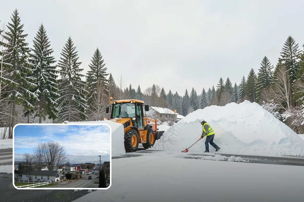 Auto Repair Shop Snow Removal in Langley, Island County, WA - Bay aprons and drive lanes cleared for vehicle access