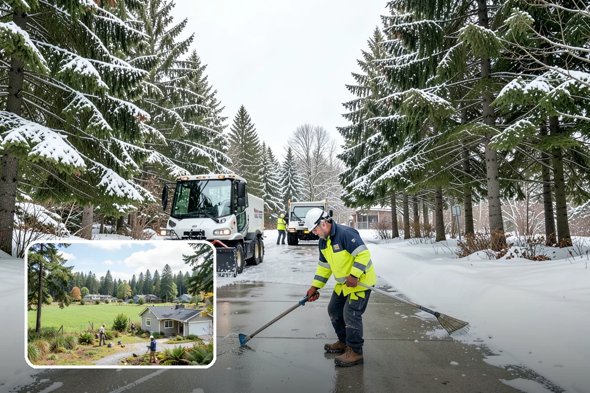 Auto Repair Shop Snow Removal in Lyman, Skagit County, WA - Bay aprons and drive lanes cleared for vehicle access
