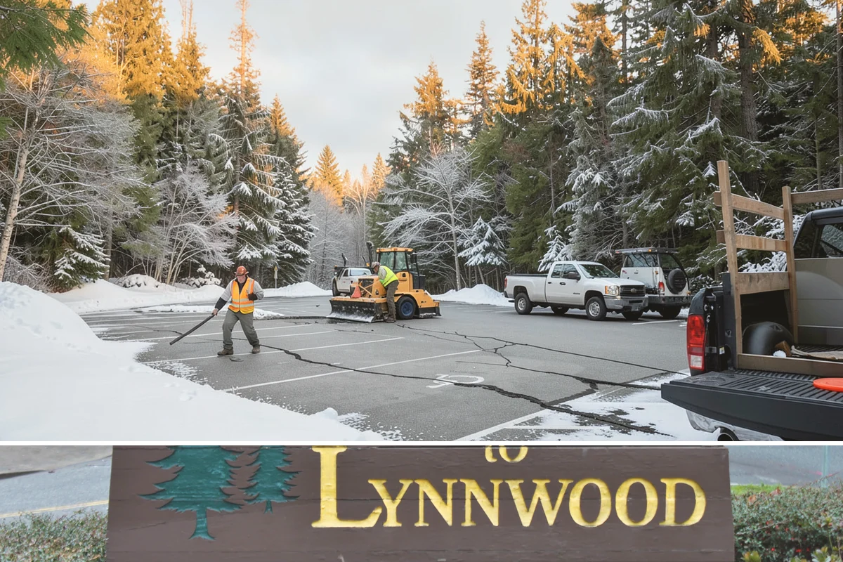 Auto Repair Shop Snow Removal in Lynnwood, Snohomish County, WA - Repair shops need clearing December through February when lowland aprons ice over on cold nights.