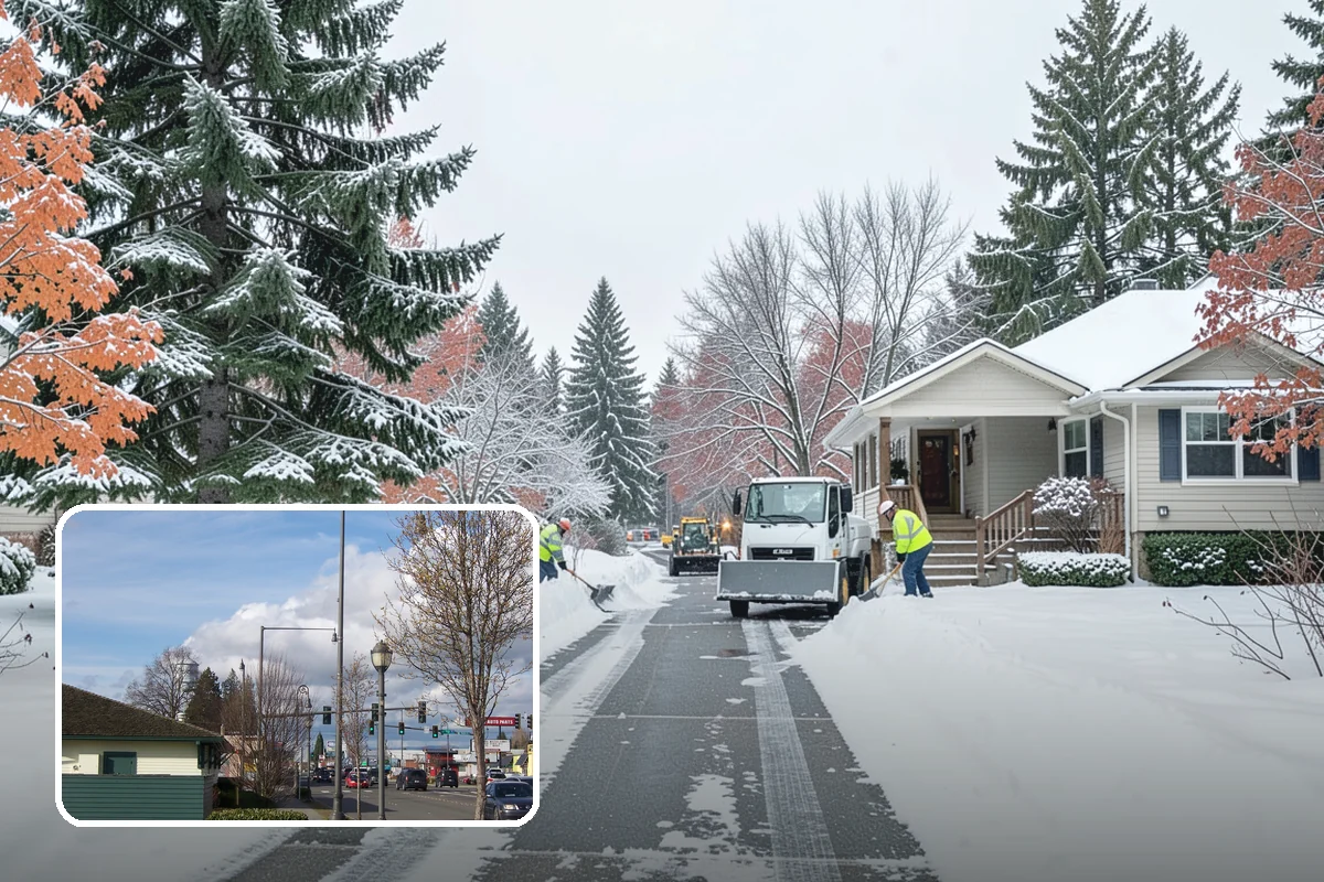 Auto Repair Shop Snow Removal in Marysville, Snohomish County, WA - Bay aprons and drive lanes cleared for vehicle access