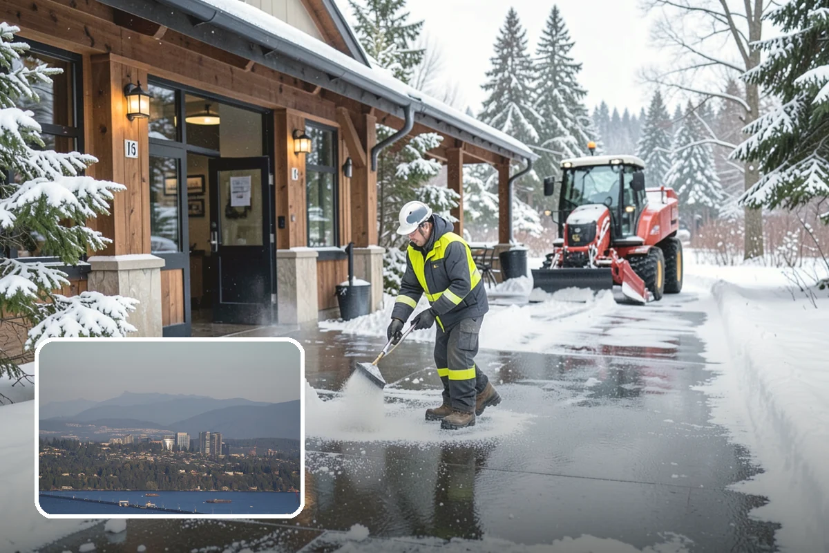Auto Repair Shop Snow Removal in Medina, King County, WA - Bay aprons and drive lanes cleared for vehicle access