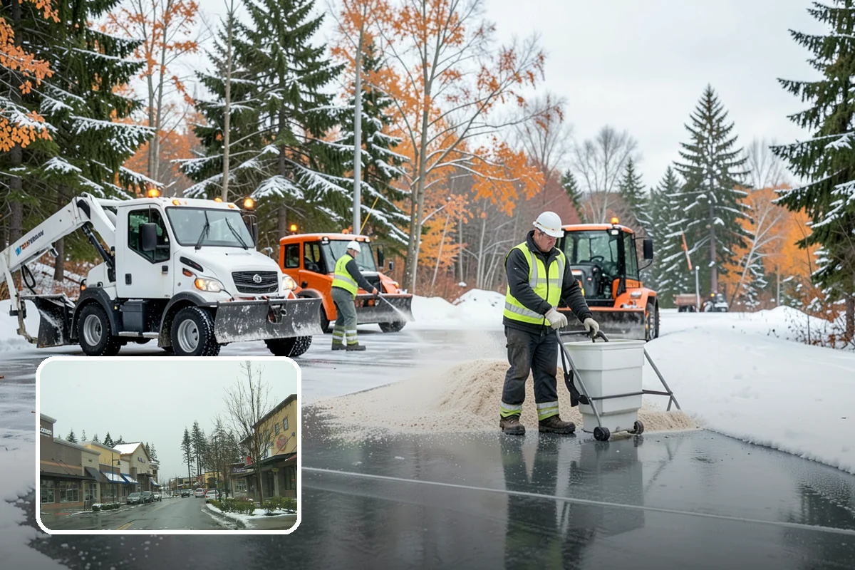 Auto Repair Shop Snow Removal in Mill Creek, Snohomish County, WA - Bay aprons and drive lanes cleared for vehicle access